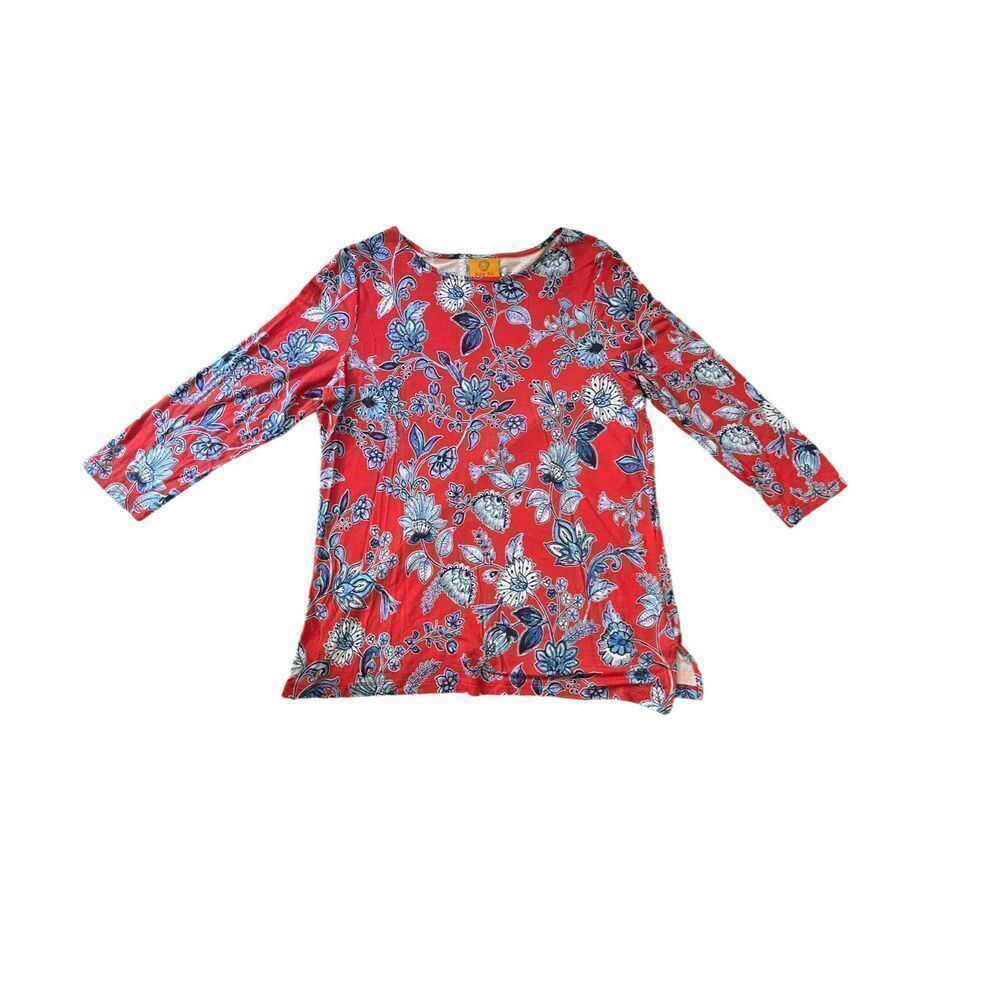 Ruby Rd 3/4 Sleeve Tee Shirt Top Red Floral Print Petite Medium